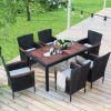 7-Piece Outdoor Patio Dining Set, Garden PE Rattan Wicker Dining Table and Chairs Set, Acacia Wood Tabletop, Stackable Armrest Chairs with Cushions, R