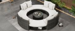 9-Piece Outdoor Patio Furniture Luxury Circular Outdoor Sofa Set Rattan Wicker Sectional Sofa Lounge Set with Tempered Glass Coffee Table, 6 Pillows,B