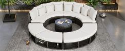 9-Piece Outdoor Patio Furniture Luxury Circular Outdoor Sofa Set Rattan Wicker Sectional Sofa Lounge Set with Tempered Glass Coffee Table, 6 Pillows,B