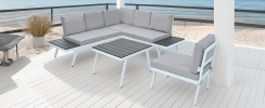 TOPMAX Industrial 5-Piece Aluminum Outdoor Patio Furniture Set, Modern Garden Sectional Sofa Set with End Tables, Coffee Table and Furniture Clips for