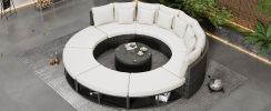 9-Piece Outdoor Patio Furniture Luxury Circular Outdoor Sofa Set Rattan Wicker Sectional Sofa Lounge Set with Tempered Glass Coffee Table, 6 Pillows,B