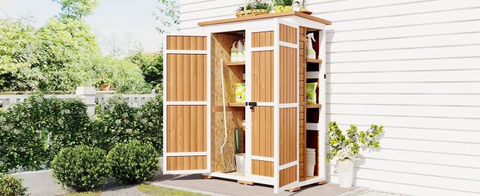 [Video Provided] TOPMAX Outdoor 5.5ft Hx4.1ft L Wood Storage Shed, Garden Tool Cabinet with Waterproof Asphalt Roof, Four Lockable Doors, Multiple-tie (Color: as Pic)